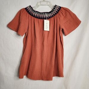 La Miel Women's Top Rusty Orange with Embroidered Neckline Size S Aztec
